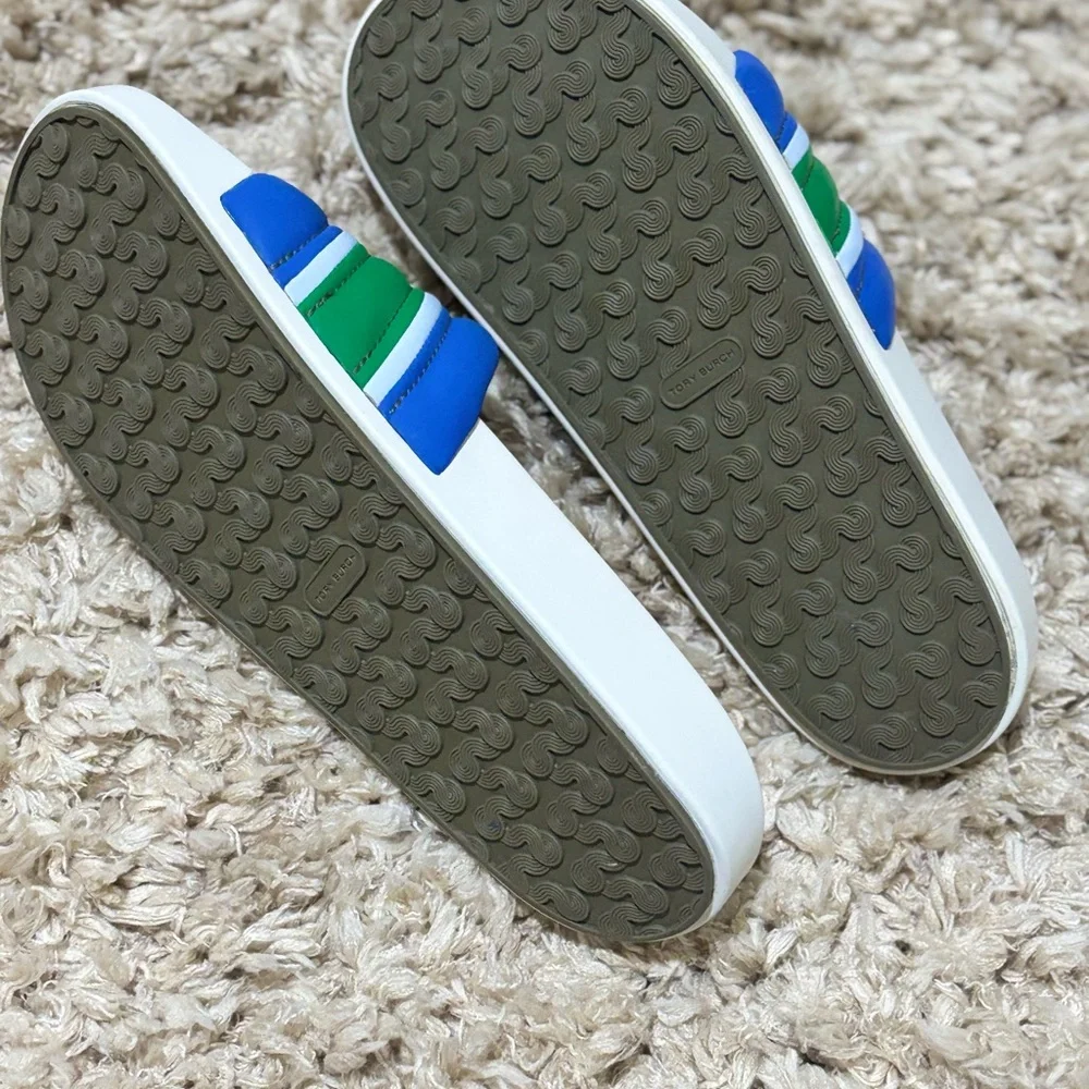 Tory Burch Blue and Green Striped Slides - Picture 7 of 11